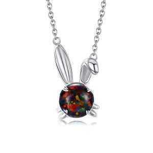 Sterling Silver Black Opal Rabbit Pendant Necklaces-0