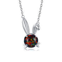 wholesale 925 Sterling Silver Black Fire Opal Bunny Pendant Necklace - Cute Animal Charm s for Her- Rhodium Plated