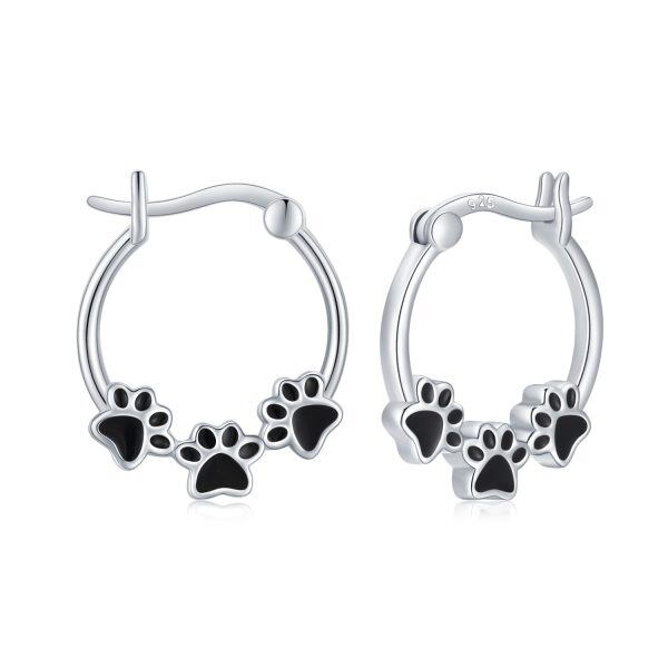 Sterling Silver Dog Paw Print Hoop Earrings-0