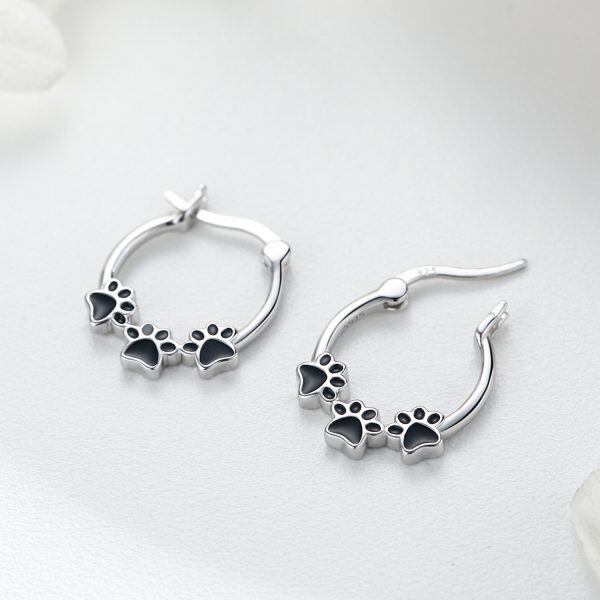 Sterling Silver Dog Paw Print Hoop Earrings-4