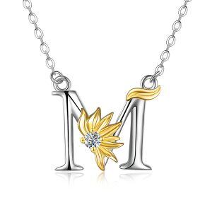 Sterling Silver Two-Tone Initial Letter M Sunflower Pendant Necklace-0