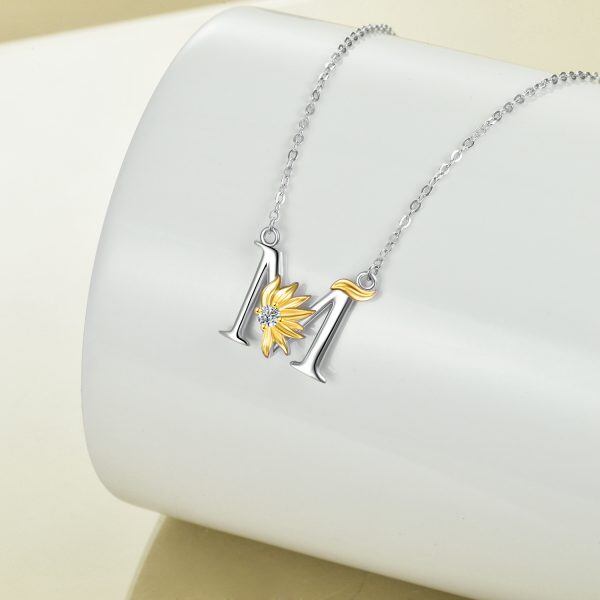 Sterling Silver Two-Tone Initial Letter M Sunflower Pendant Necklace-1