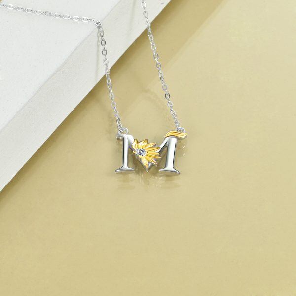 Sterling Silver Two-Tone Initial Letter M Sunflower Pendant Necklace-2