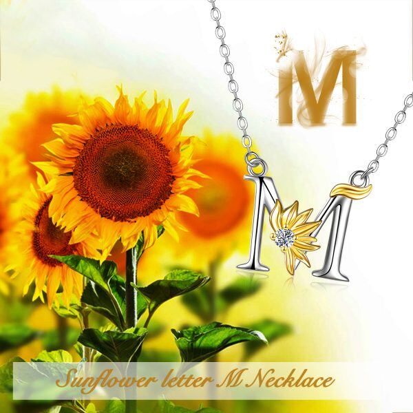 Sterling Silver Two-Tone Initial Letter M Sunflower Pendant Necklace-4