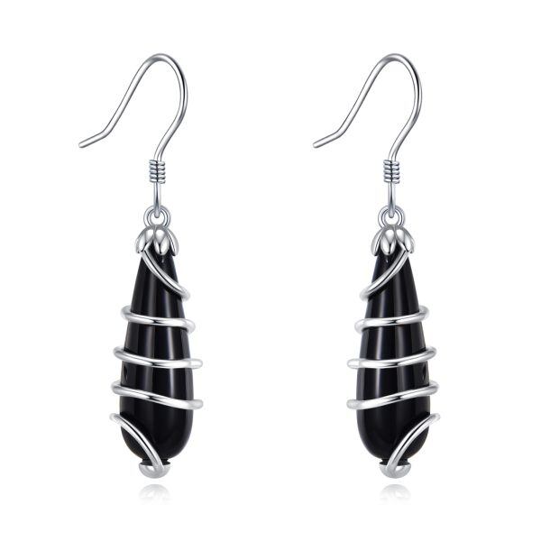 Sterling Silver Black Onyx Dangle and Drop Earrings-0