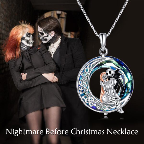 Sterling Silver Halloween Nightmare Celtic Moon Skull Pendant Necklace-5