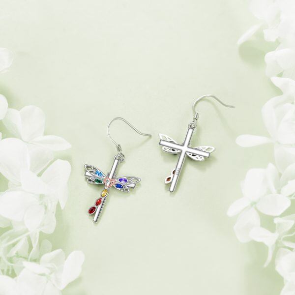 Sterling Silver Cross Celtic Dragonfly Dangle and Drop Earrings-2