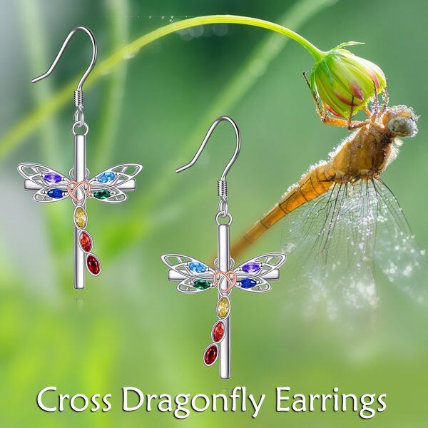 Sterling Silver Cross Celtic Dragonfly Dangle and Drop Earrings-5