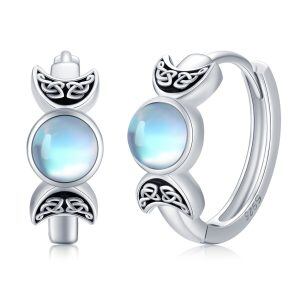 Sterling Silver Moonstone Triple Moon Goddess Hoop Earrings-0