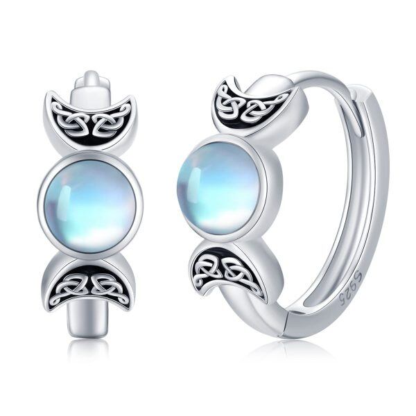 Sterling Silver Moonstone Triple Moon Goddess Hoop Earrings-1