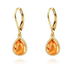 14K Gold Pear Shaped Amber Dangle and Drop Earrings-0