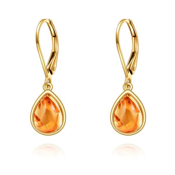 14K Gold Pear Shaped Amber Dangle and Drop Earrings-0