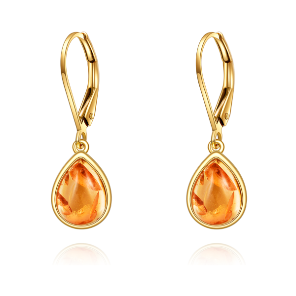 14K Gold Pear Shaped Amber Dangle and Drop Earrings-1