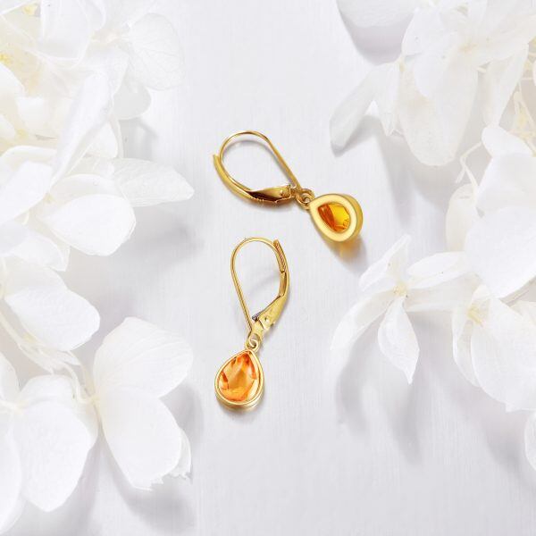 14K Gold Pear Shaped Amber Dangle and Drop Earrings-3