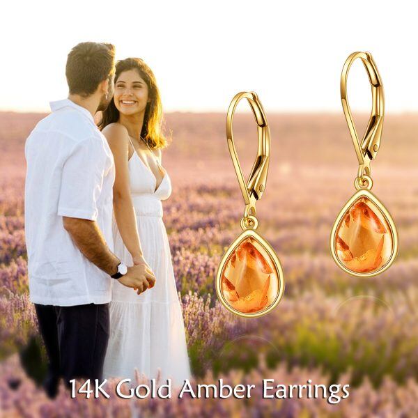 14K Gold Pear Shaped Amber Dangle and Drop Earrings-6