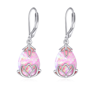 Sterling Silver Pink Opal Lotus Flower Dangle and Drop Earrings-0