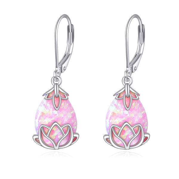 Sterling Silver Pink Opal Lotus Flower Dangle and Drop Earrings-0