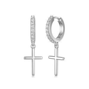 Sterling Silver Cross Hoop Earrings-0