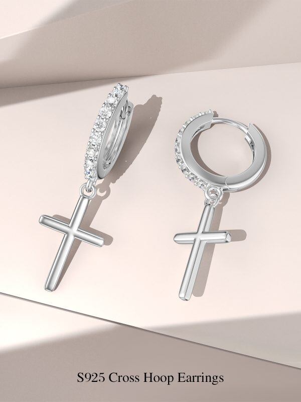 Sterling Silver Cross Hoop Earrings-1