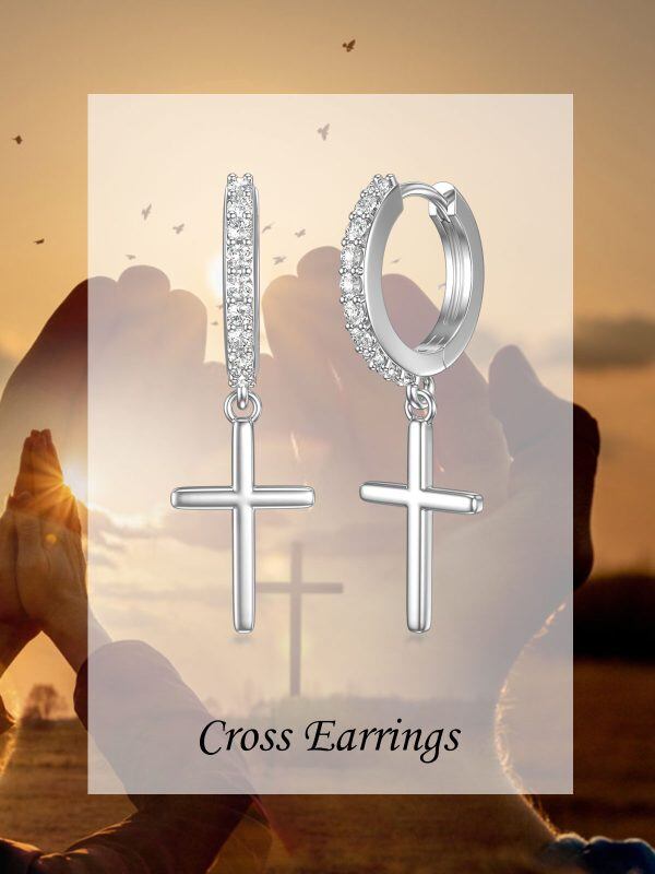 Sterling Silver Cross Hoop Earrings-3