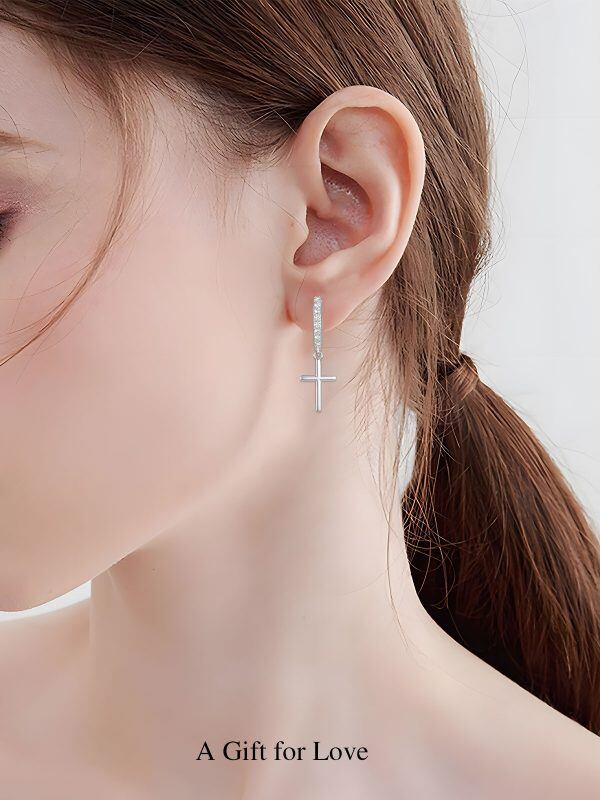 Sterling Silver Cross Hoop Earrings-4