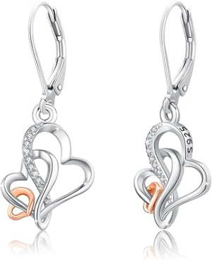 Sterling Silver Two-tone Heart Dangle and Drop Earrings-0