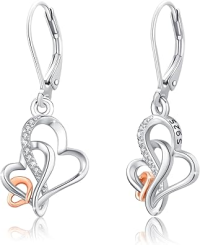 wholesale 925 Sterling Silver Heart Drop Earrings with Rose Gold Accents and CZ Stones for Women Girls - Rhodium Plated