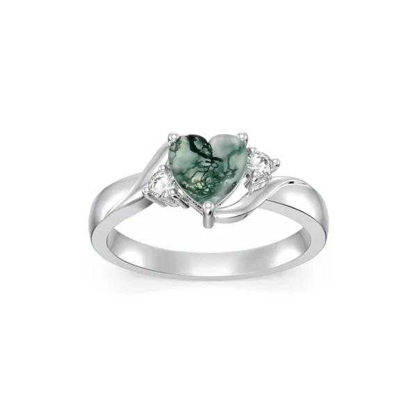 Sterling Silver Moss Agate Heart Engagement Promise Ring-0