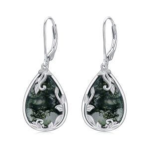 Sterling Silver Moss Agate Teardop Dangle and Drop Earrings-0