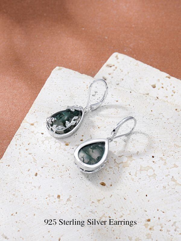 Sterling Silver Moss Agate Teardop Dangle and Drop Earrings-1