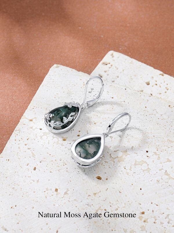 Sterling Silver Moss Agate Teardop Dangle and Drop Earrings-2