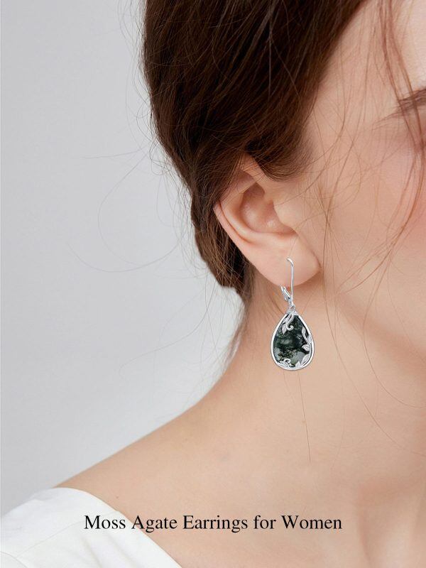 Sterling Silver Moss Agate Teardop Dangle and Drop Earrings-4