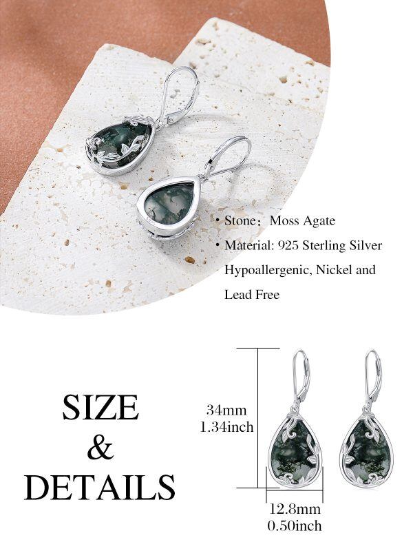 Sterling Silver Moss Agate Teardop Dangle and Drop Earrings-5