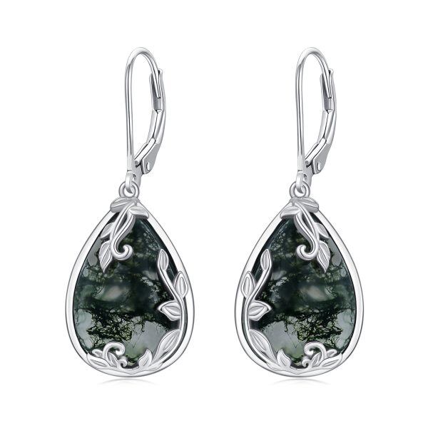 Sterling Silver Moss Agate Teardop Dangle and Drop Earrings-6