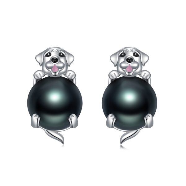 Sterling Silver Black Freshwater Pearl Dog Stud Earrings-0