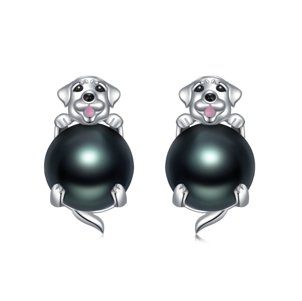 Sterling Silver Black Freshwater Pearl Dog Stud Earrings-6