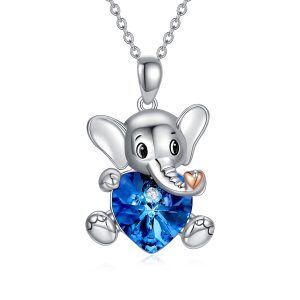 Sterling Silver Elephant Pendant Necklace with Heart Blue Crystal-0