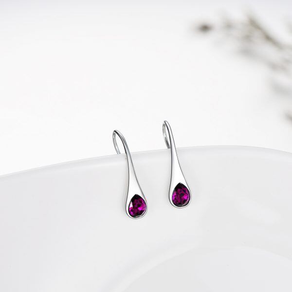 Sterling Silver Small Pear-Shaped Purple Crystal Dangle Earrings-3