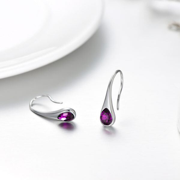 Sterling Silver Small Pear-Shaped Purple Crystal Dangle Earrings-4