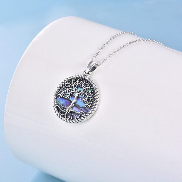 Sterling Silver Abalone Shell Tree of Life Pendant Necklace-4