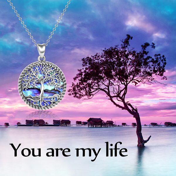 Sterling Silver Abalone Shell Tree of Life Pendant Necklace-5