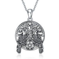 wholesale 925 Sterling Silver Tree of Life Pentagram Pendant Necklace with Ravens and Heart Design for Women & Men- Oxidized/Oxidised