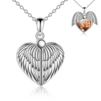 wholesale 925 Sterling Silver Angel Wing Heart Photo Locket Pendant Necklace Gift for Women- Rhodium Plated