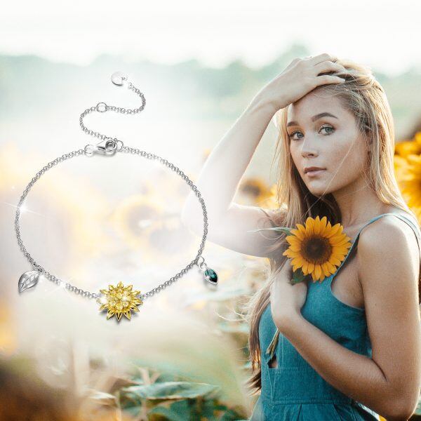 Sterling Silver Sunflower Leave Ankle Bracelets with Crystal-5