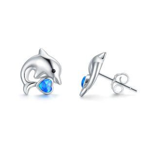 Sterling Silver Opal Dolphin Stud Earrings-0