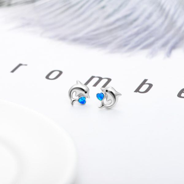 Sterling Silver Opal Dolphin Stud Earrings-3