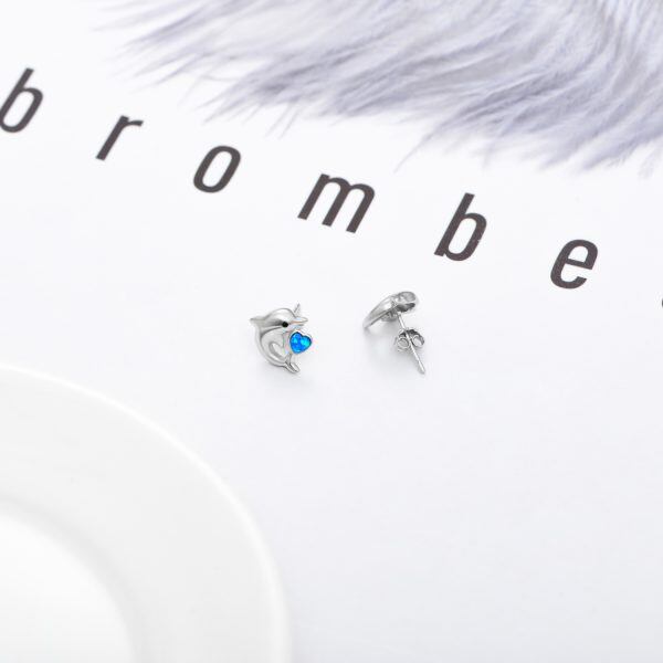 Sterling Silver Opal Dolphin Stud Earrings-4