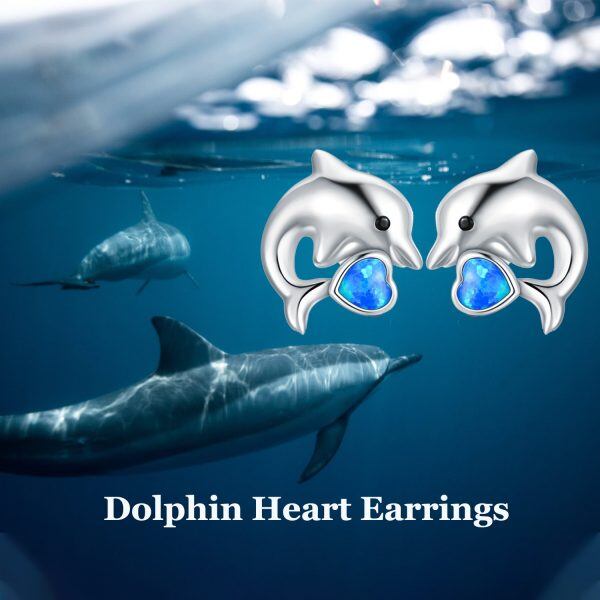 Sterling Silver Opal Dolphin Stud Earrings-5