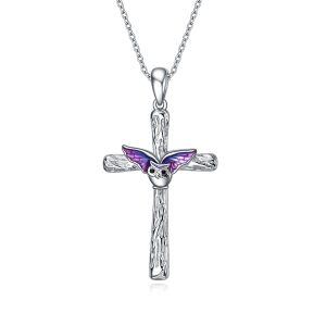 Sterling Silver Enamel Owl Cross Pendant Necklace -0