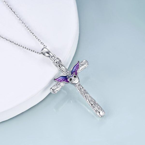 Sterling Silver Enamel Owl Cross Pendant Necklace -3